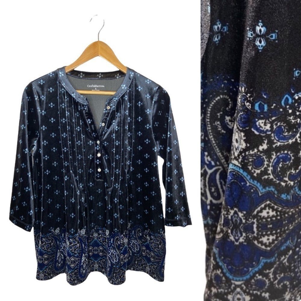 Croft & Barrow Velour Paisley Pin tuck Tunic in Rich Black Blue Colors Small
